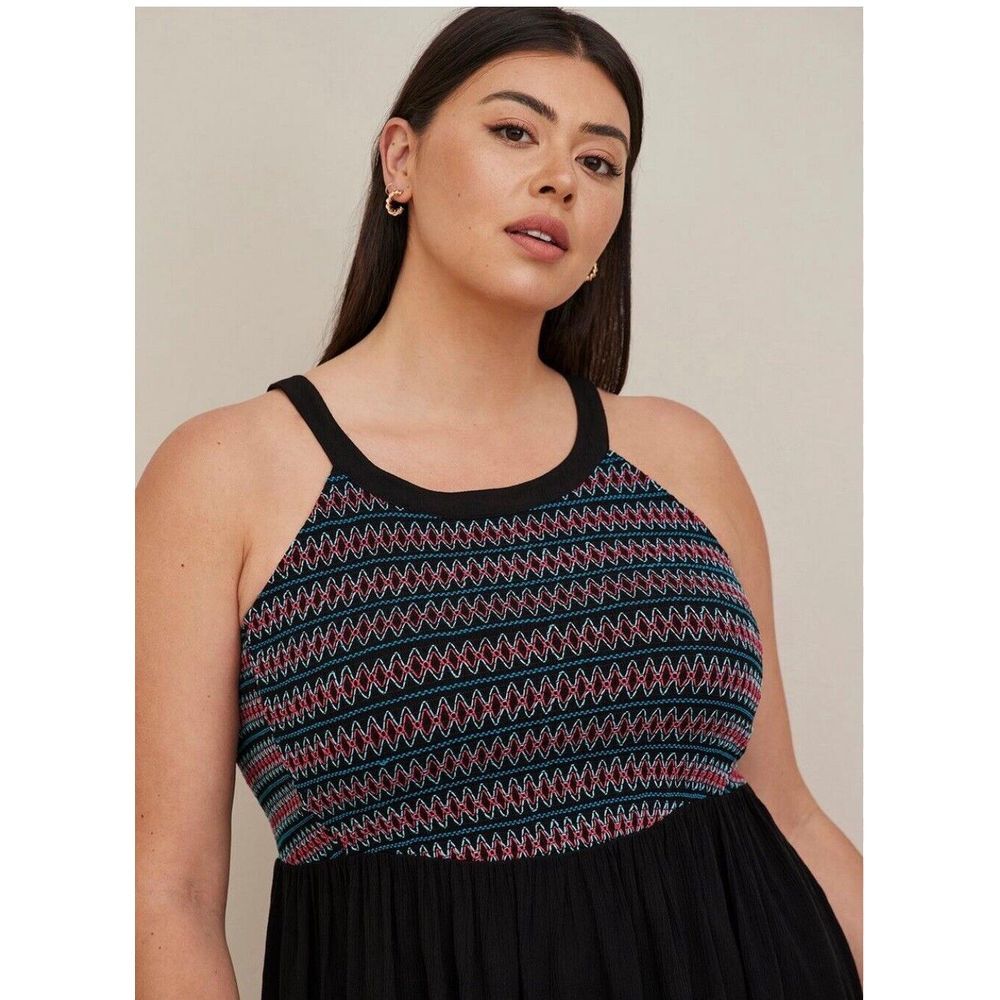 Torrid Halter Top Womens Plus Size 3X Smocked Crinkle Gauze Peplum Black Classic